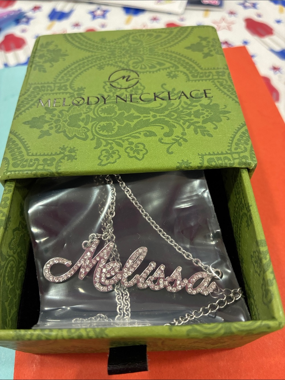Melissa Nameplate Necklace in Silver with Clear Stones